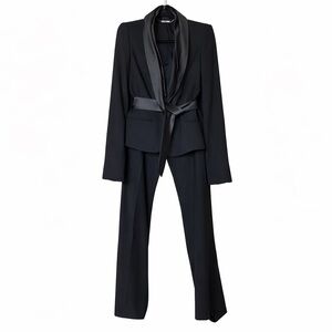 Alexander McQueen Vintage Black Satin-Lapelled Tuxedo Suit – Blazer + Trousers